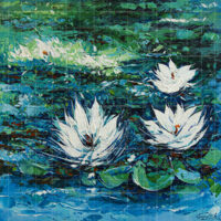 Textured impressionist oil painting of white water lilies floating on a vibrant blue and green pond, impasto palette knife art.