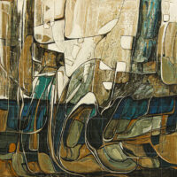 Abstract nature painting featuring organic shapes, textured layers of beige, brown, and deep blue, reminiscent of earth, stone, and water reflections.