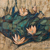 Abstract water lilies oil painting with peach lotus flowers and textured green lily pads