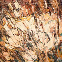 Abstract peach floral wall art painting with warm terracotta and beige tones, featuring dynamic textured brushstrokes of a blooming flower.