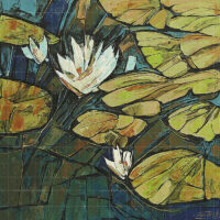 Abstract water lilies pond oil painting featuring white lotus flowers and green lily pads in a textured impressionist style.