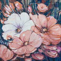 Impasto oil painting of spring flowers featuring a large white bloom and soft pink blossoms against a dark blue textured background.