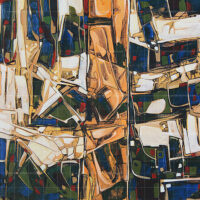 Abstract landscape painting featuring geometric shapes in earthy ochre, deep blue, and forest green, designed for modern home decor.