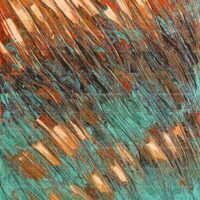 Modern abstract wall art painting featuring diagonal textured strokes of burnt orange, copper, and teal blue with a palette knife finish.