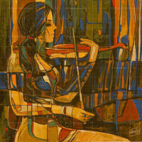 Modern abstract oil painting of a young woman playing a violin, featuring warm orange, brown, and vibrant blue geometric patterns.