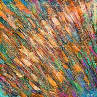 Abstract palette knife painting titled "The Music of the Universe" featuring vibrant orange, blue, and green textured brushstrokes in a rhythmic, diagonal composition.