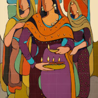Vibrant abstract Punjabi culture painting depicting three women in traditional attire celebrating Diwali with glowing clay diyas.