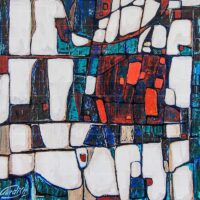 Abstract mixed media painting titled Underwater Waterfall art featuring mosaic-like white geometric shapes, deep blue and teal ocean tones, and vibrant orange accents.