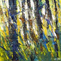 Morning Sunshine Painting, an abstract nature oil painting featuring vibrant yellow sunlight, green foliage, and textured birch tree trunks created with a palette knife technique.