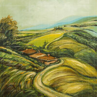 Champagne of Teas landscape painting featuring rolling green tea gardens, a winding path, and rustic cottages.