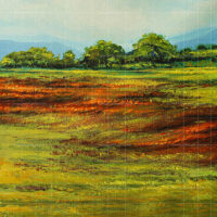 Into the Countryside original landscape painting featuring a vibrant green field with textured orange and brown earth, a distant tree line, and soft blue mountains under a light sky.