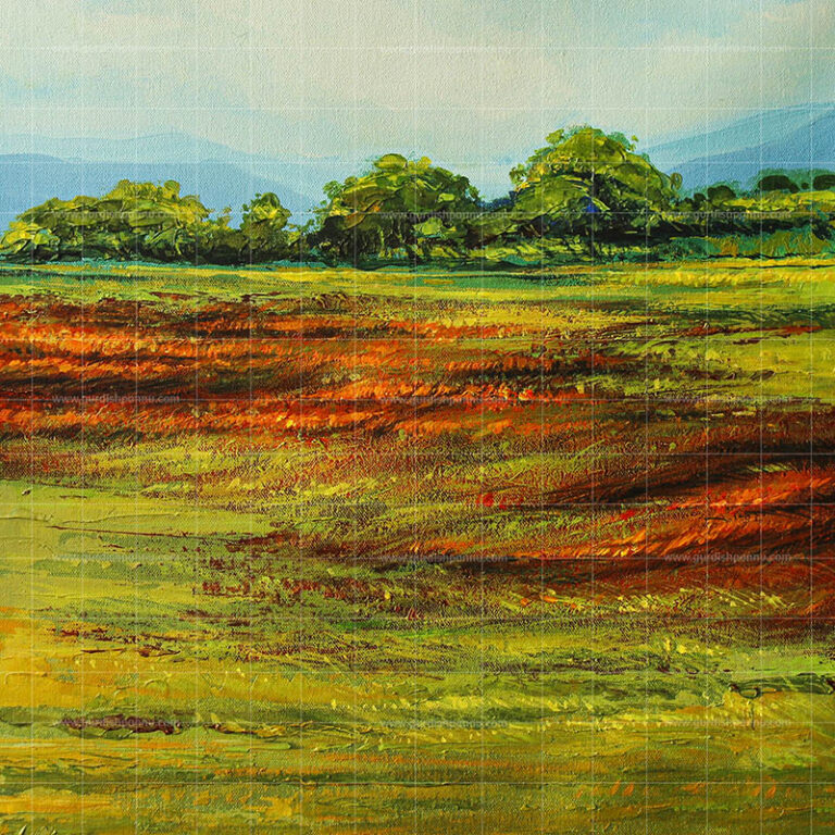 Into the Countryside original landscape painting featuring a vibrant green field with textured orange and brown earth, a distant tree line, and soft blue mountains under a light sky.