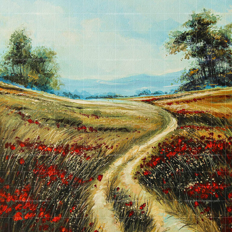 Quest of Love is a beautiful nature art of poppy flowers alongside a road treaded by few people.