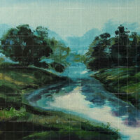 The Moonlit River original landscape painting featuring a glowing river reflecting moonlight between dark green trees and hills.