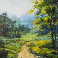 Impressionistic impressionist landscape painting titled The Path Within featuring a dirt path winding through a vibrant green meadow with yellow wildflowers and a prominent sunlit tree under a misty blue sky.