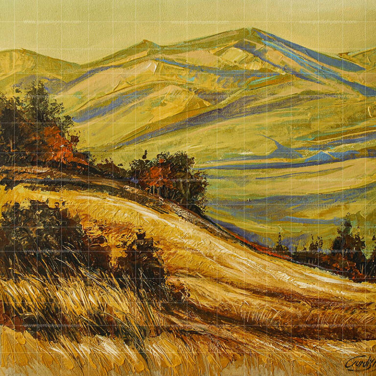The Urban Farmland, an original landscape painting featuring rolling golden hills, distant green mountains, and textured fields under a warm sky.