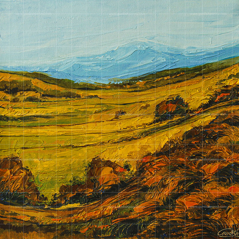 The Vast Landscape is a nature artwork made in warm tones of yellow and red colors under cool tone of blue sky.