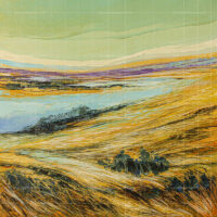 Abstract landscape painting titled Whistling Fields featuring textured golden yellow fields, a distant blue river, and a soft green sky.