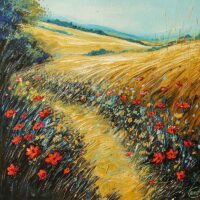 Impressionistic landscape painting of a golden field with a path lined by vibrant red wildflowers and dandelions under a blue sky, fine art by Gurdish Pannu.