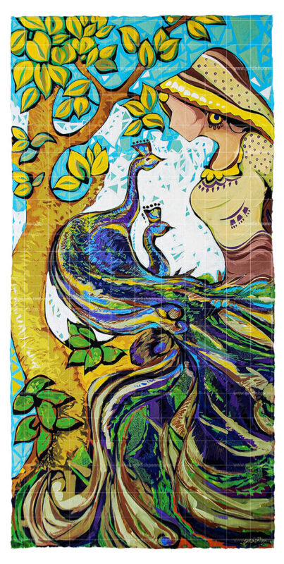Heer-the punjabi folk lore painting is beautiful painting in yellow and blue color depicting a punjabi girl with peacock.