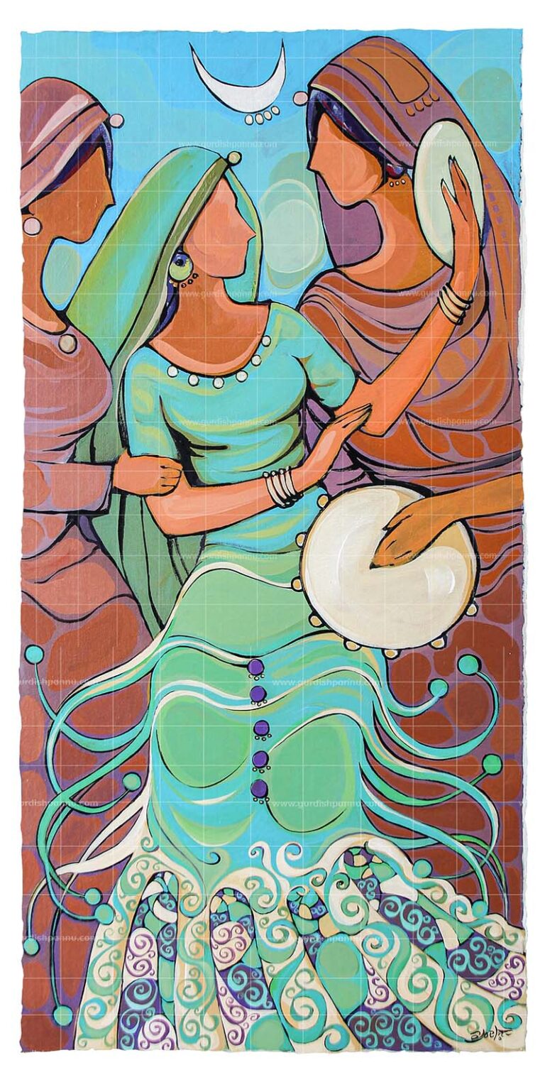 Punjabi dance painting is a beautiful painting in brown and blue in color depicting three punjabi girls in traditional dresses.