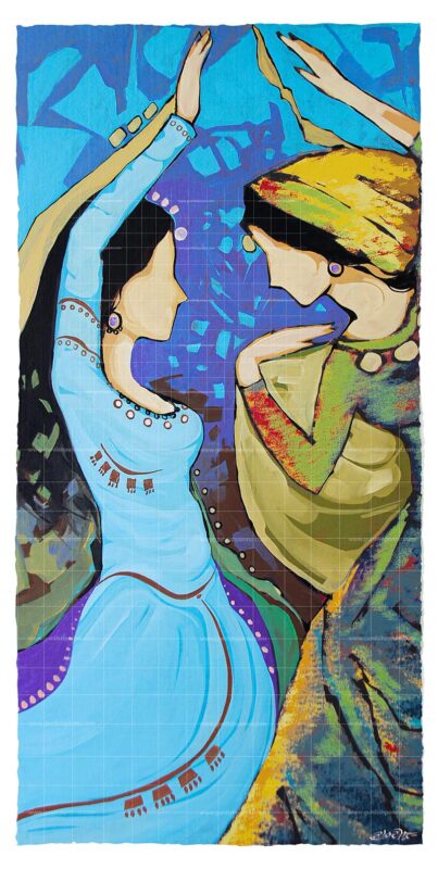 Punjabi sakhiyaan-cultural artwork is punjabi art in blue and green colors depicting the punjabi girls in traditional dresses.