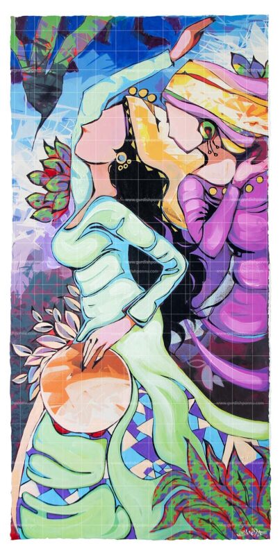 The punjabi painting- dancing girls is a beautiful punjabi art in blue gree and purple color depicting dancing punjabi girls.