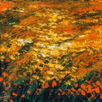 Abstract acrylic landscape painting titled A-thousand-suns featuring textured brushstrokes of bright yellow, fiery orange, and deep teal, depicting a vibrant sunburst or field of light.