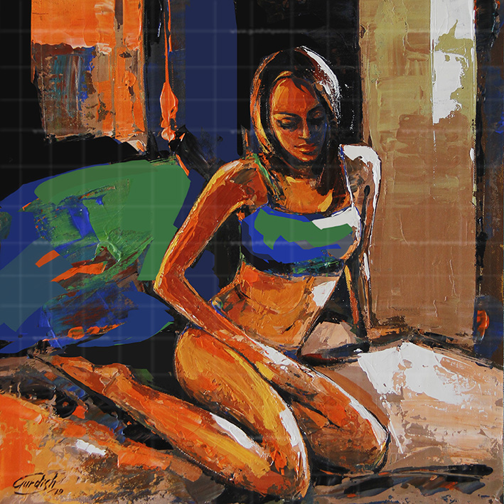 Beyond the Horizon is an abstract painting that is made using acrylic colors. The shades of green, blue and yellow have been used to make this woman painting. This aesthetic painting is based on the self-esteem of women. The woman is sitting alone in this painting,