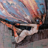 Textured contemporary painting of a dynamic dancer leaping mid-air with sweeping colorful brushstrokes, titled "Dance to the Celebration."