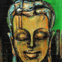 Face of Peace Buddha Portrait modern abstract painting with textured gold face and vibrant green background.