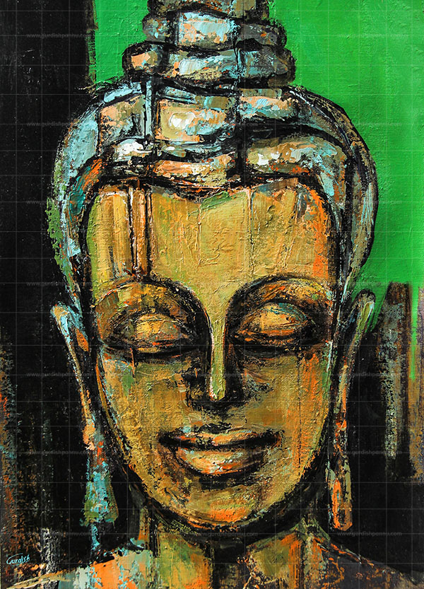 Face of Peace- Buddha Portrait is a buddha painting that depicts calmness and peace. This buddha face painting is made using acrylic colors and shades of green and gold. Buy World famous acrylic painting for room decoration and living rooms .Worldwide shipment free. Canvas Prints also available.