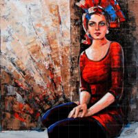 Gaze of Love contemporary European oil painting featuring a woman in a red dress with a vibrant headscarf, textured palette knife style art.