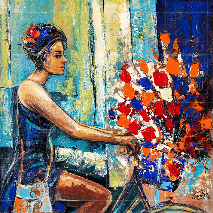 Her own Anchor is a multicolored abstract painting that involves the use of colors like red, blue, green and yellow.. Here, a woman is riding a bicycle full of flowers.
