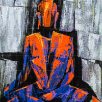 Abstract acrylic Gautama Buddha painting in meditation pose featuring vibrant orange robes, blue highlights, and a textured grey and black block background.