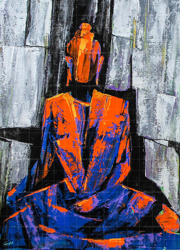 Into Meditation- Gautam Buddha painting is a contemporary piece of art This Buddha painting is orange colored with touches of blue. This is an abstract painting with use of acrylic colors.