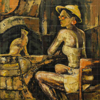 An oil painting titled Jack Off Jill The Truce with Cat featuring a woman in a hat and sunglasses sitting at a table, looking at a small cat under warm orange and brown lighting.