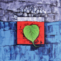 Abstract Lord Ganesha Vastu Hindu religious painting featuring a vibrant green Peepal leaf shaped like Ganesha against a bold red, blue, and grey textured background.