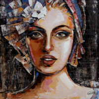 Portrait-of-Madame fine art oil painting, a textured expressionist portrait of a woman with captivating eyes, vibrant impasto palette knife strokes, and a dark dramatic background.