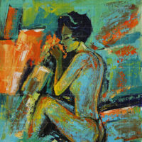 The artist has used shades of green. yellow and orange in the painting Rising from the Silence. The artist has shown a quiet woman in this abstract painting.