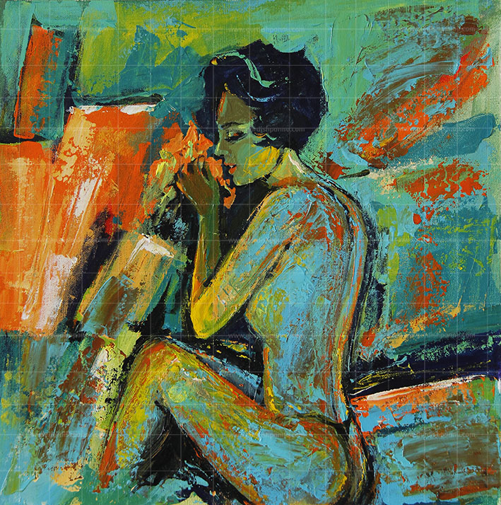 The artist has used shades of green. yellow and orange in the painting Rising from the Silence. The artist has shown a quiet woman in this abstract painting.