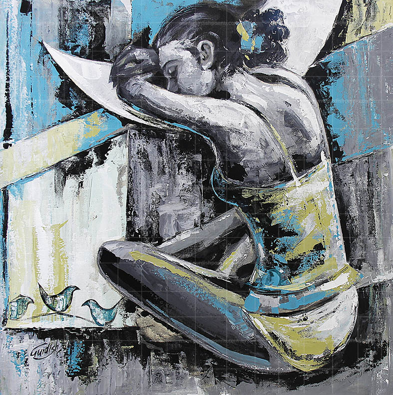 The Glimmer of Night is a black and white abstract painting with a touch of lemon and blue acrylic colors. This is a woman painting where she is sitting alone in darkness.