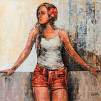 Original portrait painting titled "The Girl in Venice" featuring a woman with braided hair and a red flower leaning on a ledge.