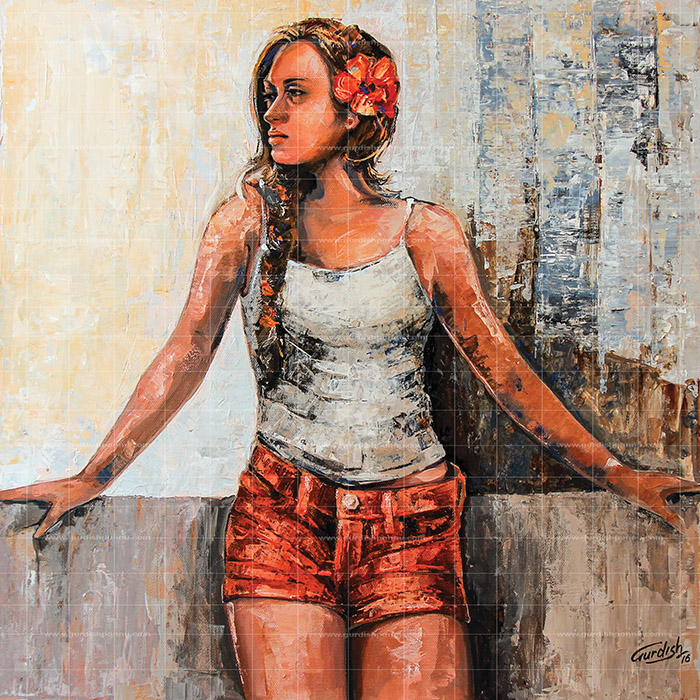 Original portrait painting titled "The Girl in Venice" featuring a woman with braided hair and a red flower leaning on a ledge.