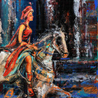 Turkish princess- Woman painting is an aesthetic painting with the use of red, blue and white acrylic colors. This woman painting shows a lady riding a horse