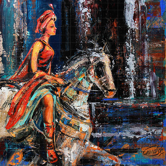 Turkish princess- Woman painting is an aesthetic painting with the use of red, blue and white acrylic colors. This woman painting shows a lady riding a horse