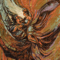 Romantic original painting titled A Shared Love, featuring an intimate couple embracing amidst swirling, textured brushstrokes of warm orange, amber, and cool blue tones. Perfect fine art for home decor and art collectors.