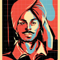 Bhagat Singh pop art painting titled The Revolutionary, featuring a bold portrait with a red turban and mustache in a stylized red, blue, and black color palette.