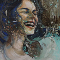 Contemporary portrait painting titled Echoes of Laughter featuring a woman laughing joyfully with flowing dark hair interwoven with abstract leaves and nature elements in blue, teal, and earth tones.