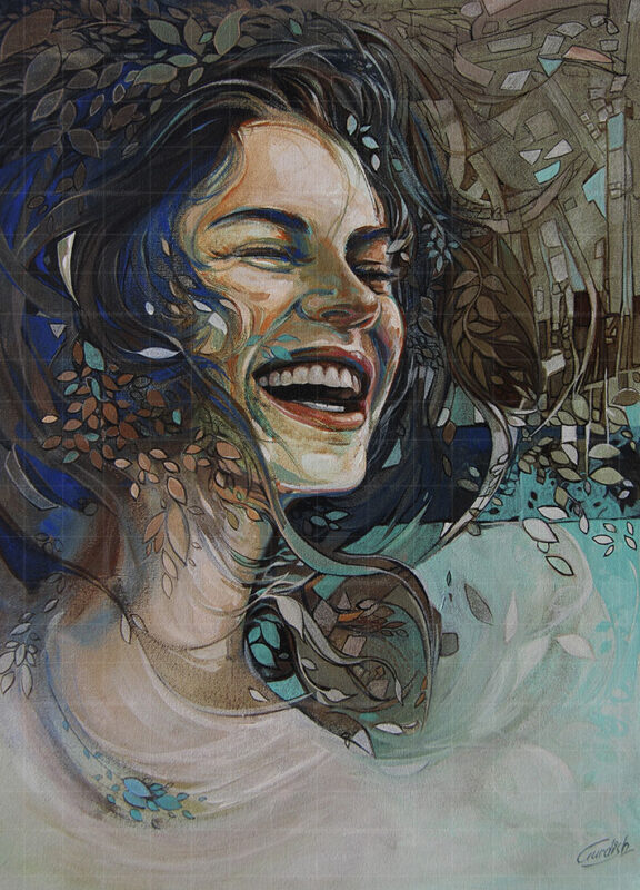 Echoes of Laughter is a deep meaning artworks that relates to the laughter that people share as kids. This somehow gets lost in the mess of adulthood. Here, a woman is shown smiling and acrylic colors of blue, sea green are predominantly used.